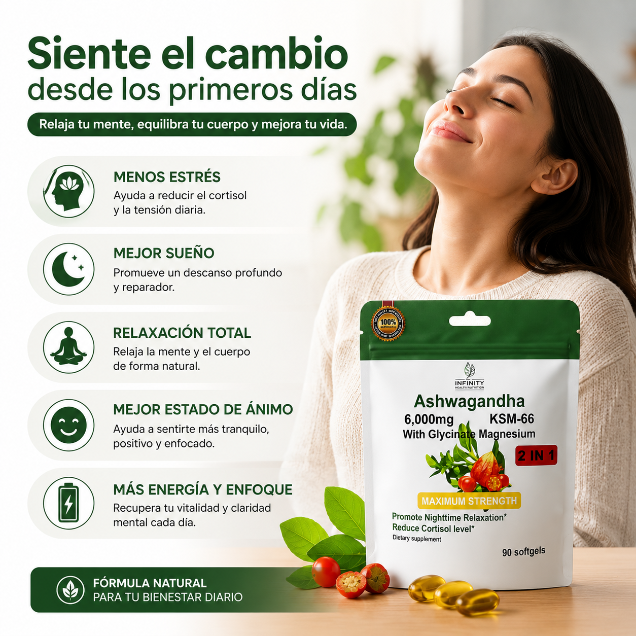 Ashwagandha KSM-66 + Magnesio Glicinato 6000MG | Anti Estrés y Mejor Sueño