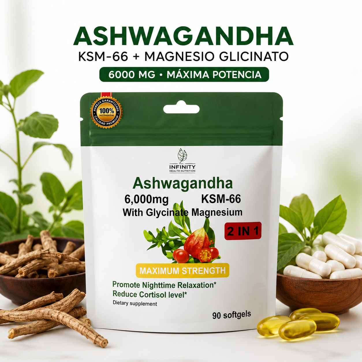 Ashwagandha KSM-66 + Magnesio Glicinato 6000MG | Anti Estrés y Mejor Sueño