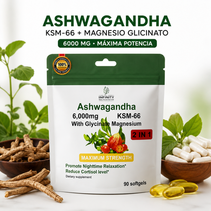 Ashwagandha KSM-66 + Magnesio Glicinato 6000MG | Anti Estrés y Mejor Sueño